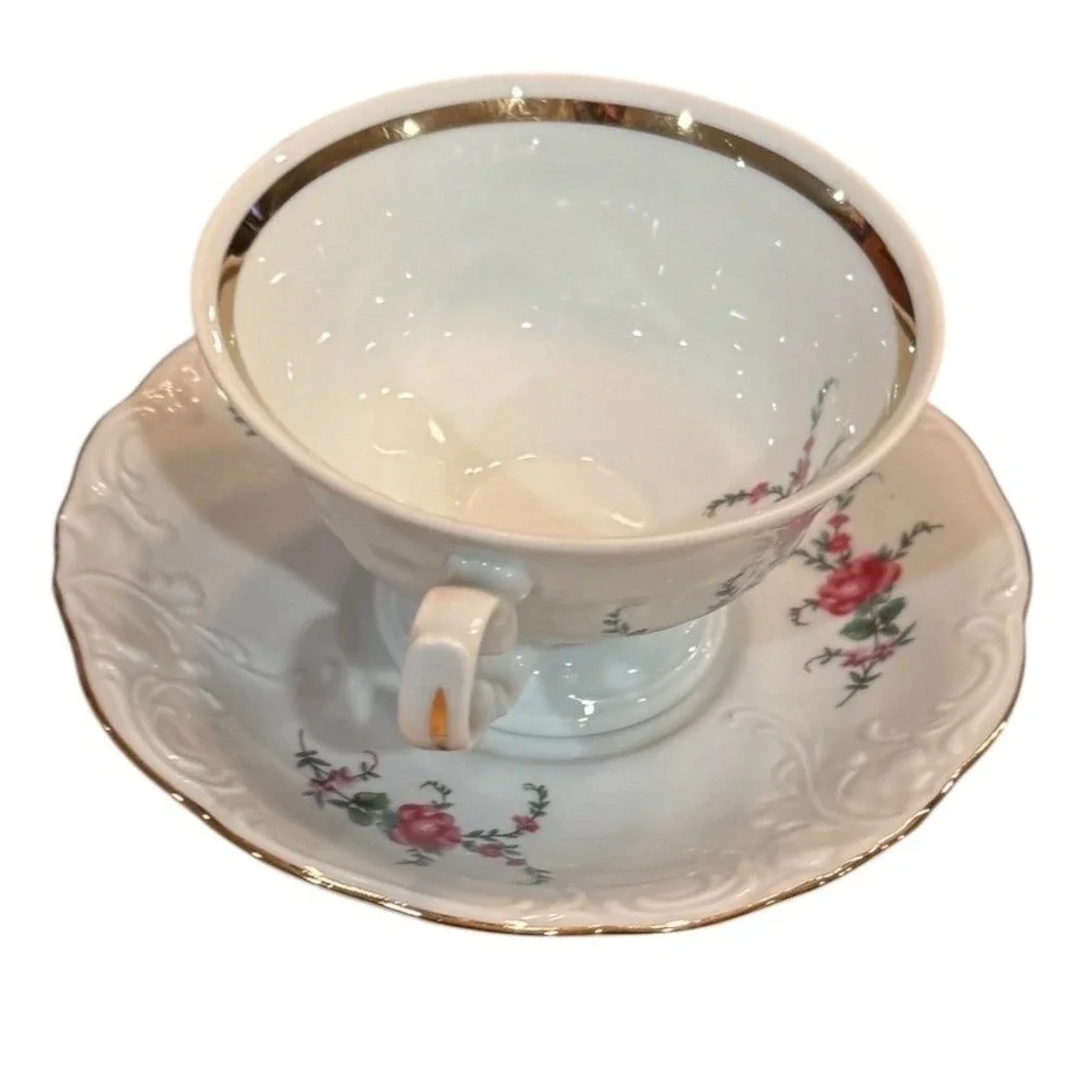 Wavel Polnad Vintage Floral Tea Cup Saucer Set Porcelain Gold Trim Pink Roses